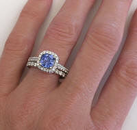 Cushion Cut Sapphire and Diamond Engagement Ring and Wedding Band in 14k