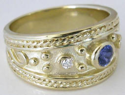 Wide Band Etruscan Style Sapphire and Diamond Ring in 14k yellow gold