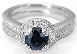 Dark Blue Sapphire Engagement Ring and Wedding Band