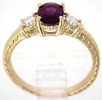 Engraved 3-Stone Magenta Sapphire and Diamond Ring in 14k yellow gold