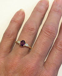 Past Present Future Magenta Sapphire and Diamond Ring in 14k yellow gold