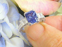 Radiant Ceylon Blue Sapphire Engagement Ring with Baguette Side Diamonds in 18k white gold