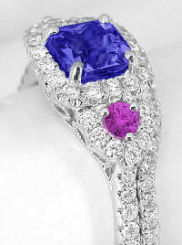 Halo princess cut natural tanzanite natural pink sapphire band ring in 14k white gold