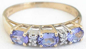 Stackable Oval 3 stone Genuine Tanzanite and Diamond Accent Ring in 14k yellow gold