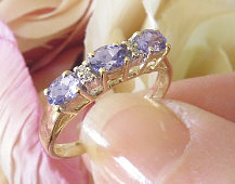 Real Tanzanite Ring - Stackable Oval 3 stone east west set Tanzanite and Diamond Accent Ring in 14k yellow gold