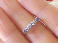 Real Tanzanite Ring - Petite Stackable Oval 3 stone east west set Tanzanite and Diamond Accent Ring in 14k yellow gold for sale