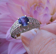 Round Real Tanzanite Fashion Ring with Ornate Antique Style Band with Real Diamonds in solid 14k white gold for sale