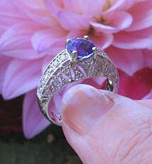 Round Natural Tanzanite Statement Ring with Ornate Vintage Style Band with Real Diamonds in 14k white gold for sale