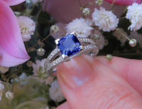 Real AAA  Tanzanite Statement Ring with fine white diamonds set in a 14k whiite gold split shank band