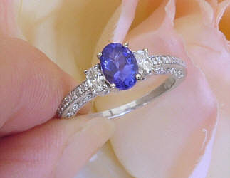 Natural Tanzanite and Diamond Three Stone Engagement Ring in Vintage Design 14k white gold for sale