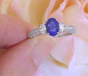 Natural Oval Tanzanite and Oval  Diamond Three Stone Engagement Ring in Vintage Design 14k white gold