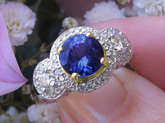 Ornate 7mm Round Natural Tanzanite and Real Diamond Halo Three Stone Ring in solid 14k white gold for sale