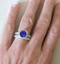 Tanzanite and Diamond Halo Engagement Ring and Band in 14k white gold