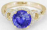 Diamond Halo Engagement Ring with Tanzanite in 14k yellow gold