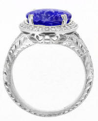 custom tanzanite ring with diamond halo and engraving