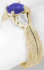 Unique Tanzanite Three Stone Wedding Rings in 14k Yellow Gold