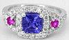 Princess Cut Tanzanite, Pink Sapphire and Diamond Ring in 14k white gold