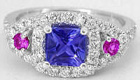 Princess Cut Tanzanite Pink Sapphire Diamond Halo Engagement Ring