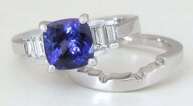 Natural Cushion Cut AAA Tanzanite Engagement Ring with Baguette Diamonds set in 14k white gold for sale