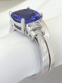 Natural Cushion Cut AAA Tanzanite Engagement Ring with Baguette Diamonds in 14k white gold with a Matching Gold Band