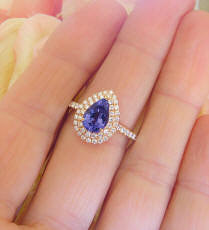 Real Pear Tanzanite Ring in 18k Rose Gold with a Double Diamond Halo