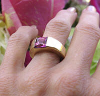 Genuine Pink Tourmaline Tank Ring with an 8mm Princess Cut Tourmaline in solid 14k yellow gold for sale