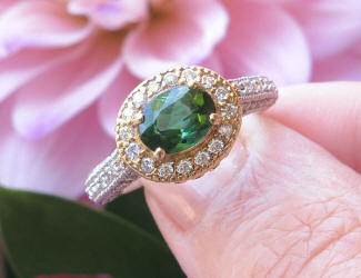  Natural Green Tourmaline Engagement Rng with a real Diamond Halo in 14k white and yellow gold