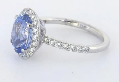 Exquisite 2.98-carat unheated Ceylon sapphire diamond halo ring in 14k white gold, showcasing natural beauty and brilliance.