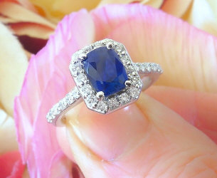 Natural Unheated Cushion Cut cornflower Blue Sapphire and Diamond Halo Ring in solid 14k white gold