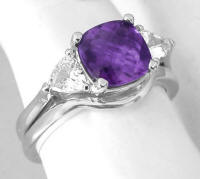 3 stone Cushion Amethyst and Trillion White Sapphire Engagement Ring Set in 14k white gold