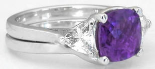White Gold Cushion Amethyst and Trillion White Sapphire Engagement Ring Set