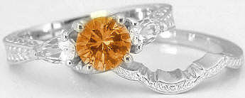 Round Citrine and Pear White Sapphire Wedding Rings in 14k