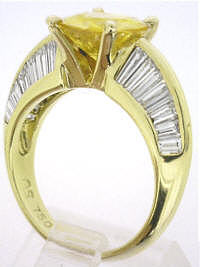 One of a Kind Design Vibrant Yellow Sapphire and Baguette Diamond Ring in 18k yellow gold