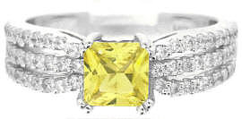 Princess Cut Natural Yellow Sapphire and Three Row Diamond Ring in 14k white gold