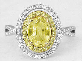 Oval Yellow natural Sapphire and Double Diamond Halo Ring in 14k white gold