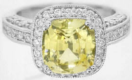 3.51 carat Unheated Ceylon Cushion Yellow natural Sapphire and Diamond Ring in 14k white gold