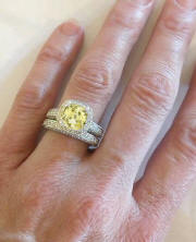 Cushion cut halo natural ceylon - untreated/unheated gia lab report indicating that the sapphire is free from heat treatment 
      is included. yellow sapphire band ring in 14k white gold