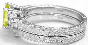 Engraved Yellow Sapphire Wedding Set in 14k white gold