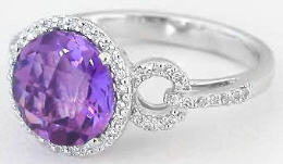 Round Amethyst and Diamond Halo Ring in 14k white gold