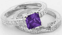  Antique Style Amethyst Engagement Ring and Wedding Band with Engraving