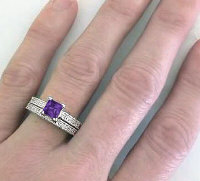 Vintage Style Princess Cut Amethyst Engagement Ring with Engraved Wedding Band