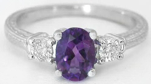 3-stone Amethyst Engagement Ring and Wedding Band with Engraving in 14k