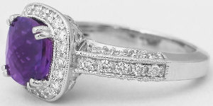 Ornate Cushion Cut Amethyst and Diamond Rings in 14k white gold