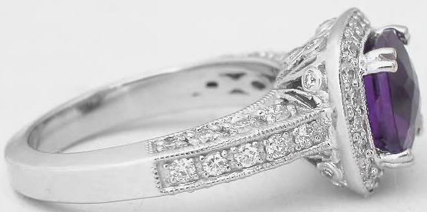 Cushion Cut Amethyst Diamond Halo Engagement Ring in 14k