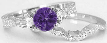 Round Amethyst and Pear White Sapphire Engagement Ring with Matching Band
