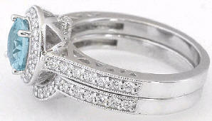 Round Aquamarine and Diamond Halo Engagement Ring and Wedding Band