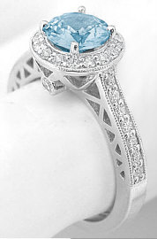 Round Aquamarine Diamond Rings in 14k white gold