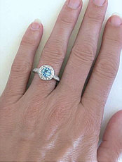 Round Aquamarine Diamond Halo Rings in 14k white gold