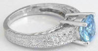 Engraved Diamond Ring with Aquamarine in 14k white gold