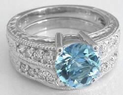 Vintage Round Aquamarine Diamond Engagement Ring and Wedding Band